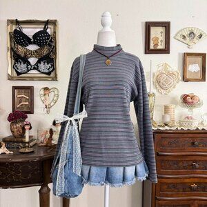 90's twee quirky whimsical purple blue and gray striped mock neck long sleeve